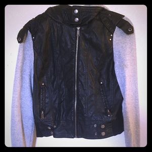 Black and grey leather hooded zip up  jacket